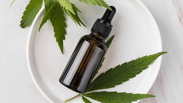 A dropper bottle of CBD tincture resting on a white dish, commonly used as a therapeutic for symptoms like nausea.
