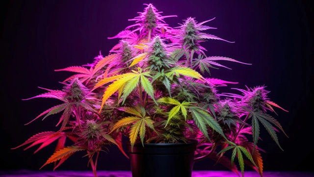 Vibrant cannabis plants under grow lights, representing different weed types and their respective lifespans.