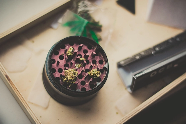 A close-up of a metal grinder filled with ground cannabis, showcasing a tool for efficiently preparing cannabis for smoking.