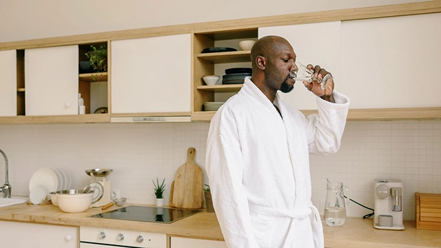 A man in a bathrobe drinking a glass of water, an essential step in alleviating the symptoms of a weed hangover.