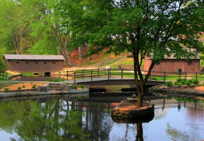 Tranquil lake with lush greenery and trees reflected in the water