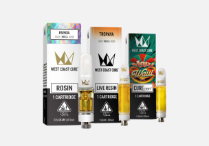 Assortment of rosin, live resin, and CurePen vape cartridges from West Coast Cure